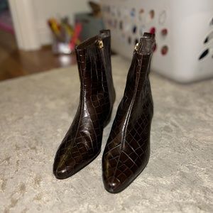 J Crew Crocodile Printed Leather Brown Ankle Boot